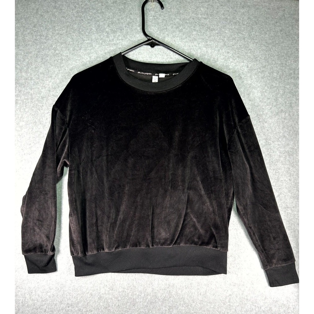 Joyspun Velour Shirt Womens S (4-6) Black Fleece Lined Crew Neck Casual